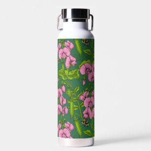 Sweet peas and bumblebees, green and pink water bottle
