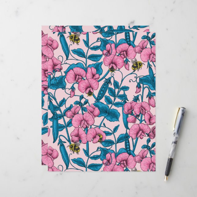 Sweet peas and bumblebees, pink and blue (Front/Back In Situ)