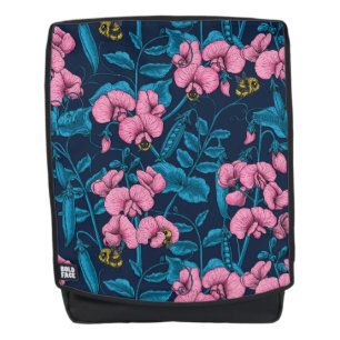 Sweet peas and bumblebees, pink and blue backpack