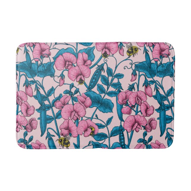 Sweet peas and bumblebees, pink and blue bath mat (Front)
