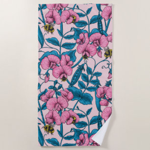 Sweet peas and bumblebees, pink and blue beach towel