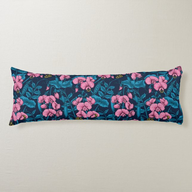 Sweet peas and bumblebees, pink and blue body pillow (Front)