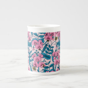 Sweet peas and bumblebees, pink and blue bone china mug