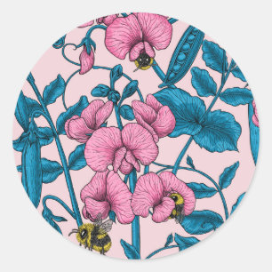 Sweet peas and bumblebees, pink and blue classic round sticker