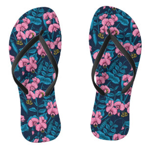 Sweet peas and bumblebees, pink and blue flip flops