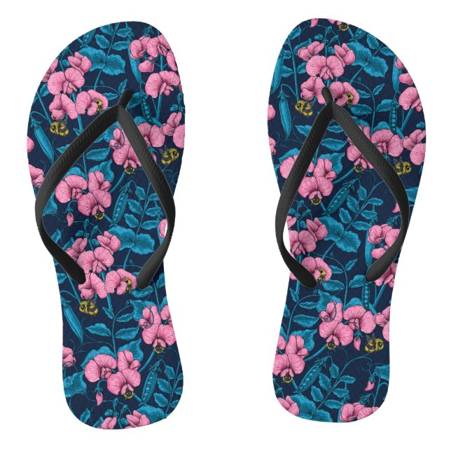Sweet peas and bumblebees, pink and blue flip flops (Footbed)