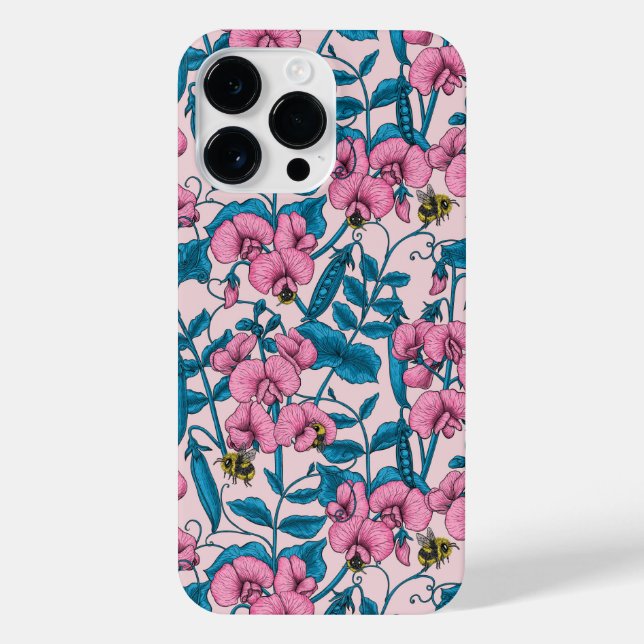Sweet peas and bumblebees, pink and blue iPhone case (Back)
