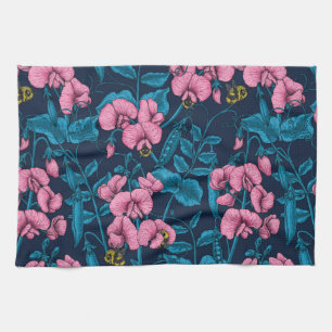 Sweet peas and bumblebees, pink and blue kitchen towel