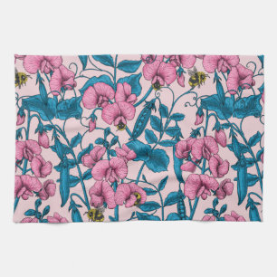 Sweet peas and bumblebees, pink and blue kitchen towel