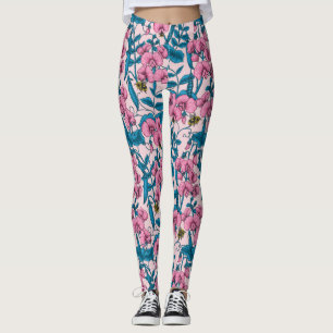 Sweet peas and bumblebees, pink and blue leggings