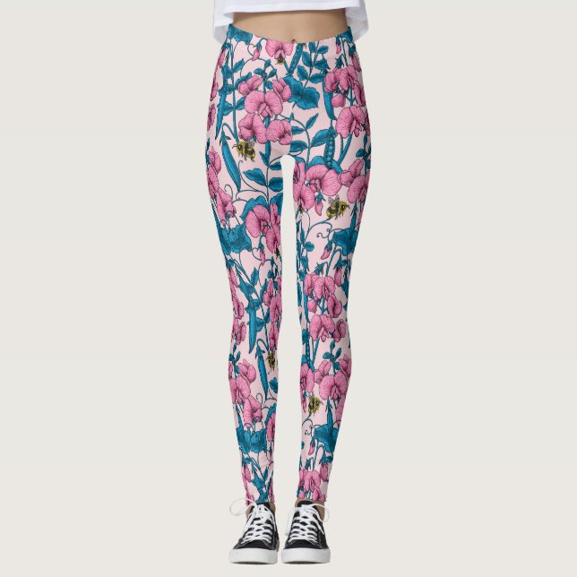 Sweet peas and bumblebees, pink and blue leggings (Front)