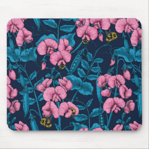 Sweet peas and bumblebees, pink and blue mouse pad