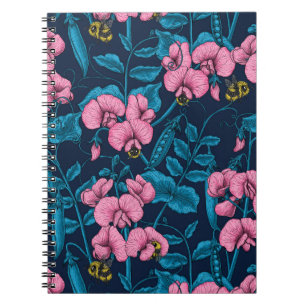 Sweet peas and bumblebees, pink and blue notebook