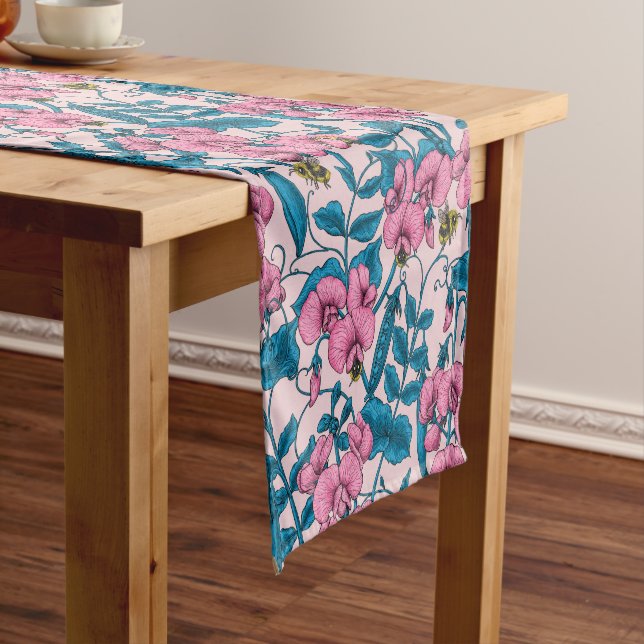 Sweet peas and bumblebees, pink and blue short table runner (In Situ)