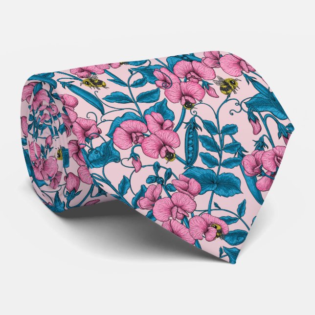 Sweet peas and bumblebees, pink and blue tie (Rolled)