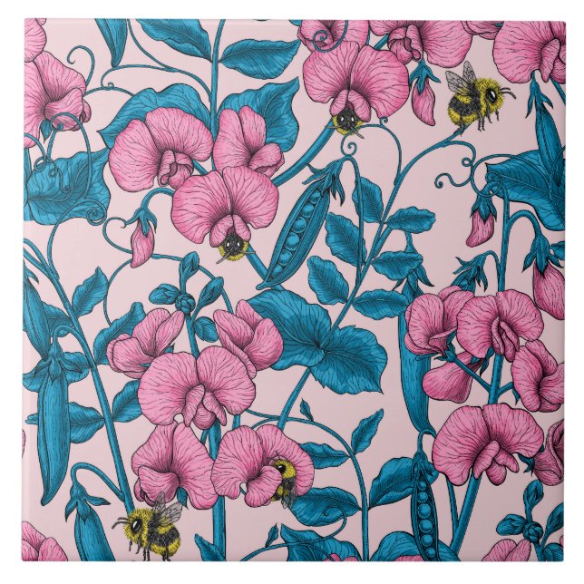 Sweet peas and bumblebees, pink and blue tile (Front)