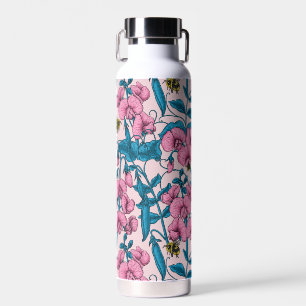 Sweet peas and bumblebees, pink and blue water bottle