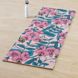 Sweet peas and bumblebees, pink and blue yoga mat
