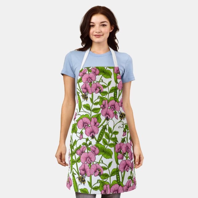 Sweet peas and bumblebees, pink, green and white apron (Worn)
