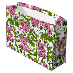 Sweet peas and bumblebees, pink, green and white large gift bag