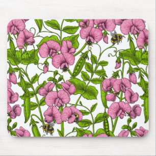 Sweet peas and bumblebees, pink, green and white mouse pad