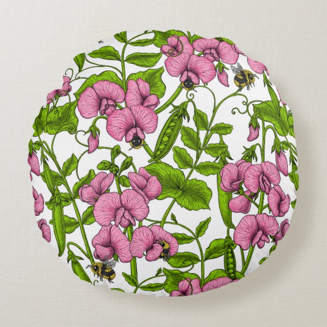 Sweet peas and bumblebees, pink, green and white round pillow (Front)