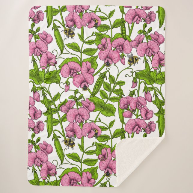 Sweet peas and bumblebees, pink, green and white sherpa blanket (Front)