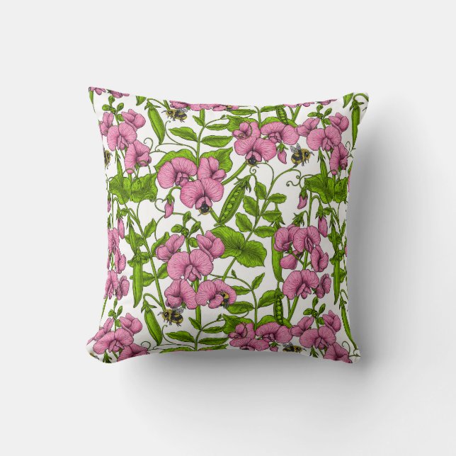 Sweet peas and bumblebees, pink, green and white throw pillow (Front)