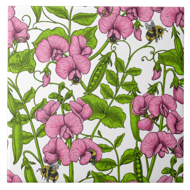 Sweet peas and bumblebees, pink, green and white tile (Front)