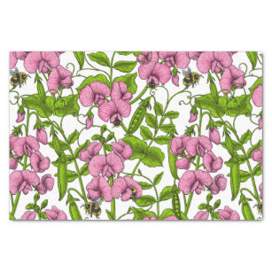 Sweet peas and bumblebees, pink, green and white tissue paper