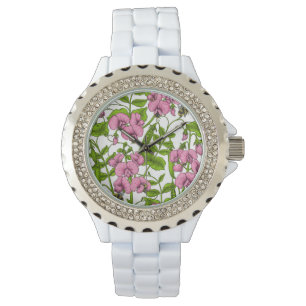 Sweet peas and bumblebees, pink, green and white watch