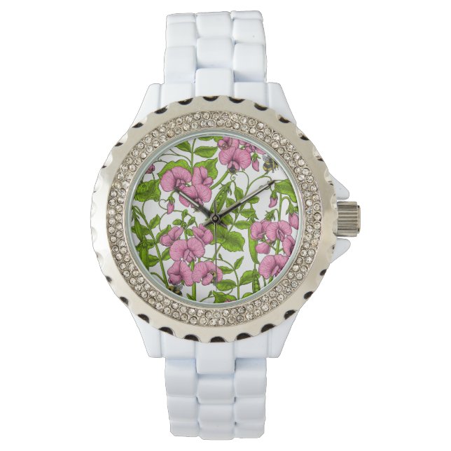 Sweet peas and bumblebees, pink, green and white watch (Front)