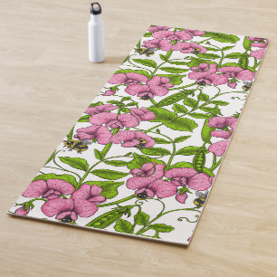 Sweet peas and bumblebees, pink, green and white yoga mat