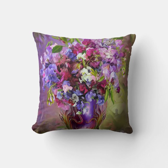 Sweet Peas In Sweet Pea Vase Art Decorator Pillow (Front)