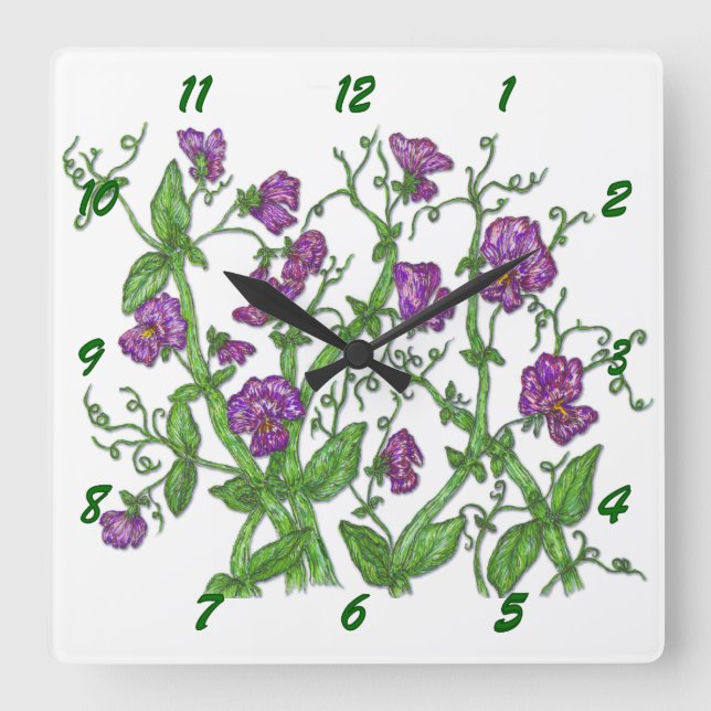 Sweet Peas Square Wall Clock (Front)