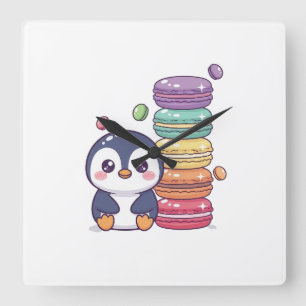 Sweet Penguin Macaron Stack Square Wall Clock