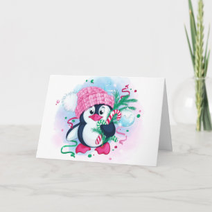Sweet Penguin with Candy Canes Christmas Holiday Card