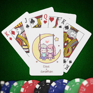 Sweet Personalized Chibi-Style Moon Swing Couple Playing Cards