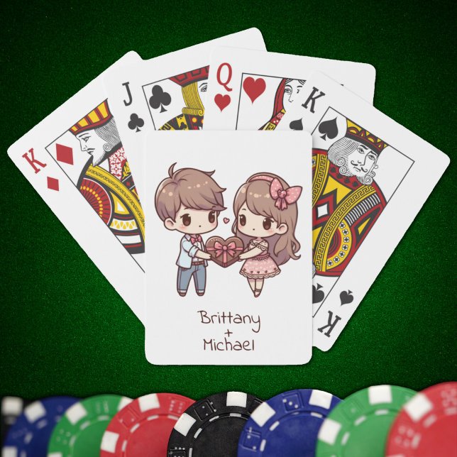 Sweet Personalized Chibi-Style Valentine Couple  Playing Cards (Personalized Chibi-Style Valentine Couple)