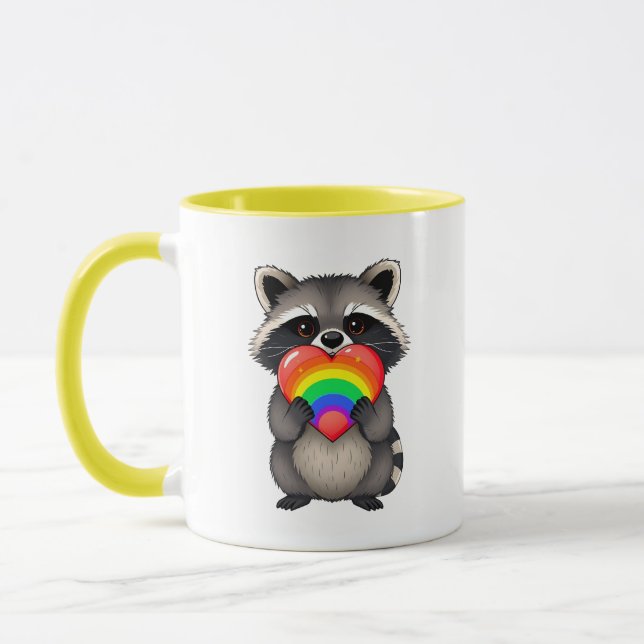 Sweet Personalized Raccoon with Rainbow Heart Mug (Left)