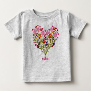 Sweet Personalized Watercolor Flower Heart Baby T-Shirt