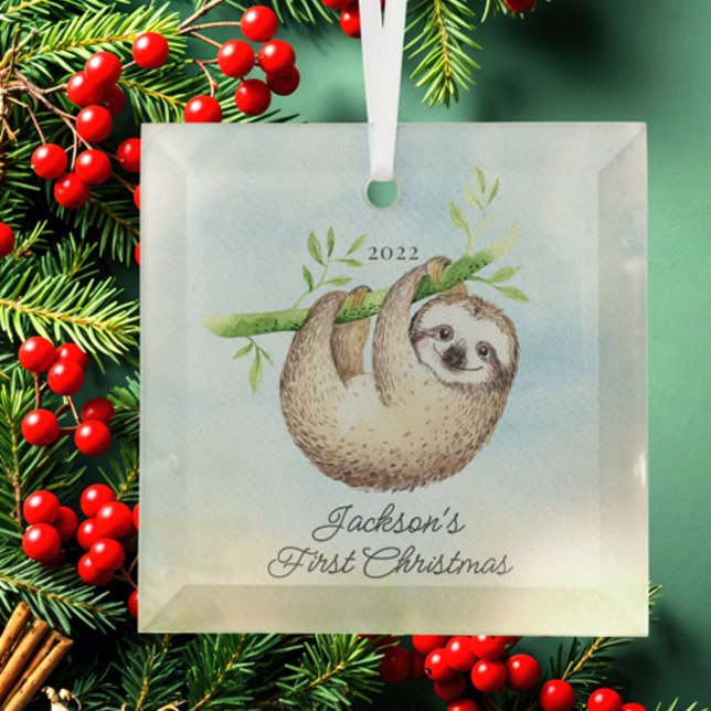 Sweet Photo Sloth Baby's First Christmas Glass Ornament (Creator Uploaded)