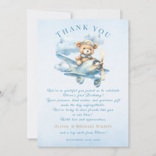 Sweet Pilot Teddy Bear First Birthday Thank You Card