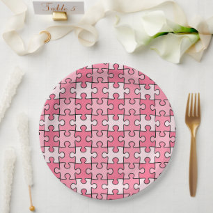 Sweet Pink and Black Puzzle Pieces Paper Plate