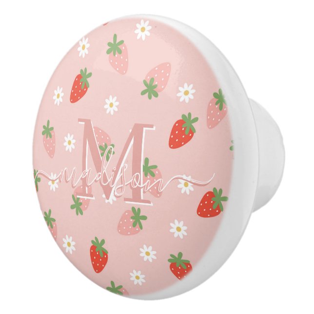 Sweet Pink and Red Strawberries Monogram Ceramic Knob (Right)