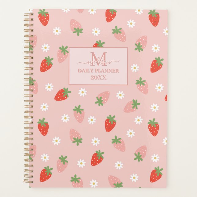 Sweet Pink and Red Strawberries Monogram Daily Planner (Front)