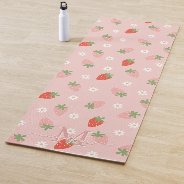 Sweet Pink and Red Strawberries Monogram Yoga Mat (In Situ)