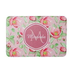 Sweet Pink Apple Blossom Floral With Monogram Bath Mat