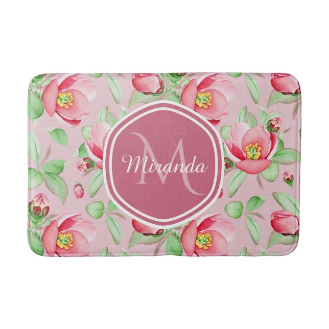 Sweet Pink Apple Blossom Floral With Monogram Bath Mat (Front)