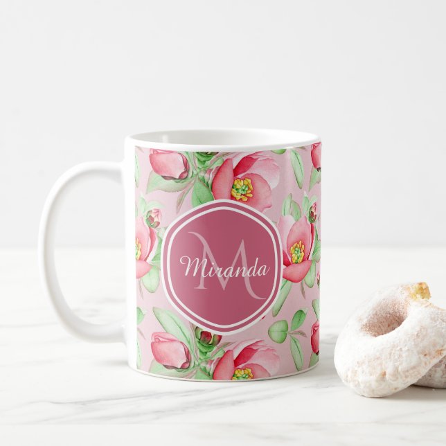 Sweet Pink Apple Blossom Floral With Monogram Coffee Mug (With Donut)